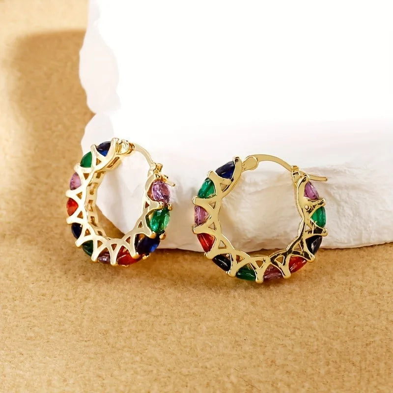 New Rainbow Rectangular Cubic Zirconia Hoop Earrings for Women Bling Luxury Wedding Accessories Party Fashion Jewelry