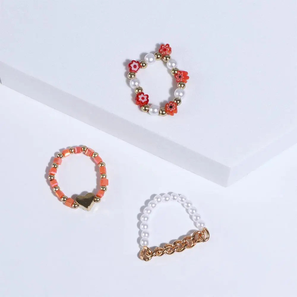 Trendy Cute Bohemia Pearl Flower Acrylic Beaded Rings Party Jewelry Finger Ring Set Women Ring