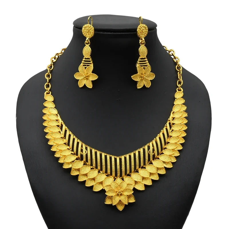 Indian Jewelry Set For Women 24K Gold Color Dubai African Nigeria Bridal Necklace Earrings Wedding Party Jewellery Gifts