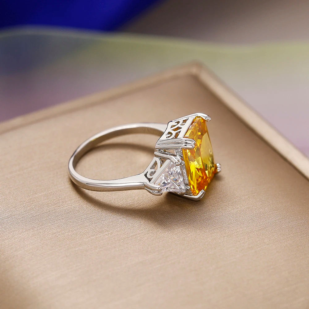 Huitan Geometric Shaped Yellow Cubic Zirconia Rings Silver Color Wedding Bands for Women Brilliant Accessories  Party Jewelry