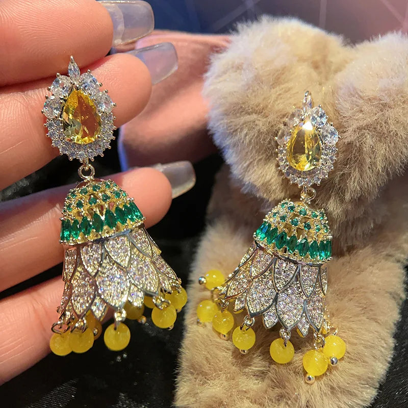 New Indian Jhumka Jhumki National Personality Style Bell Colorful Cubic Zirconia Tassel Earrings Women Jewelry Bohemian Earrings