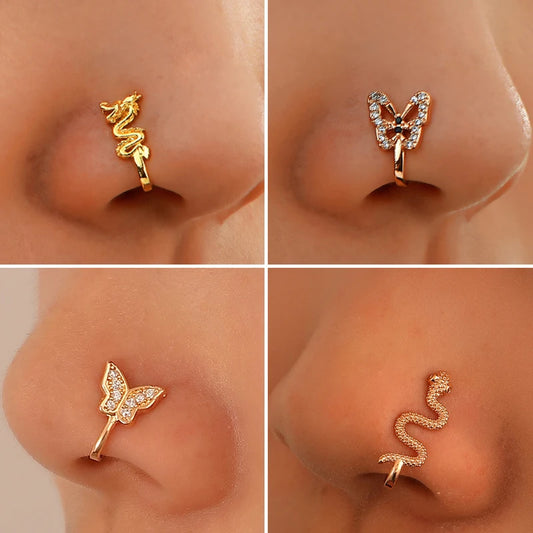 Vintage Gold Color Dragon Butterfly Fake Nose Ring For Women Africa Copper Helix U Shape Faux aro nariz Piercing Body Jewelry