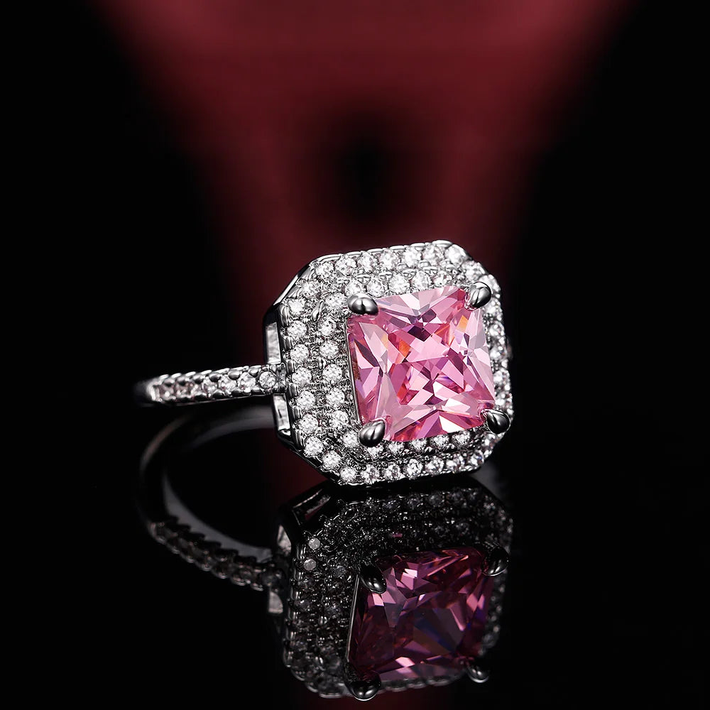 Style Pink Sparkling Zircon Princess Square Engagement Ring for Ladies and Girlfriends Luxury Proposal  Gift Fashion Jewelry