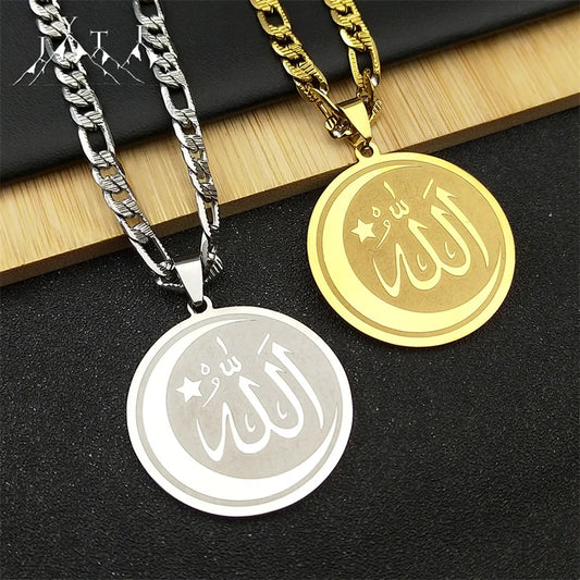 Muslim Islamic Quran Allah Crescent Moon Star Pendant Necklaces Stainless Steel Religious Amulet Ramadan Festival Jewelry