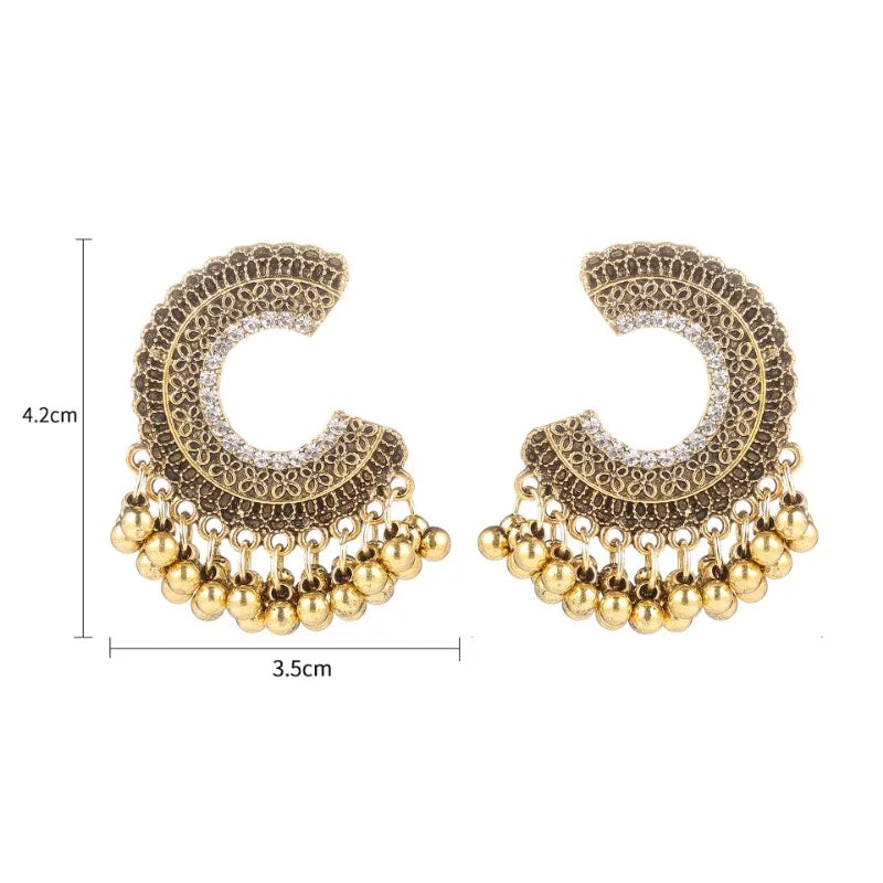 Ethnic Colorful Zircon Indian Jhumka Earrings For Women Pendientes Fashion Jewelry Retro Alloy Tassel Semicircle Ladies Earrings