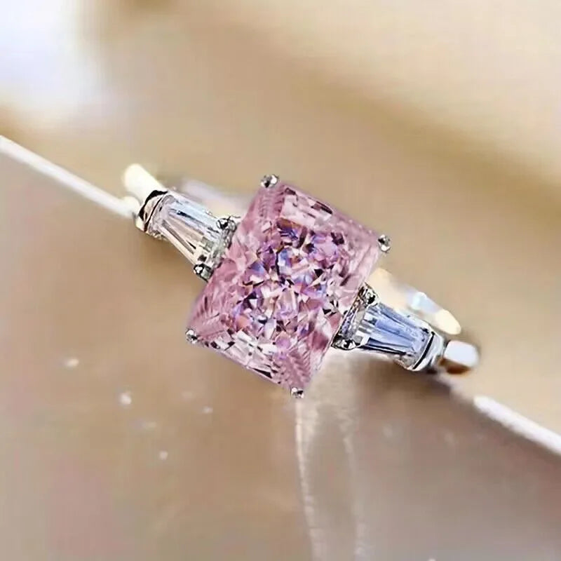 Pink Cubic Zirconia Ring Suitable for Women's Engagement Wedding Luxury Accessories Sparkling Silver Fashion Jewelry