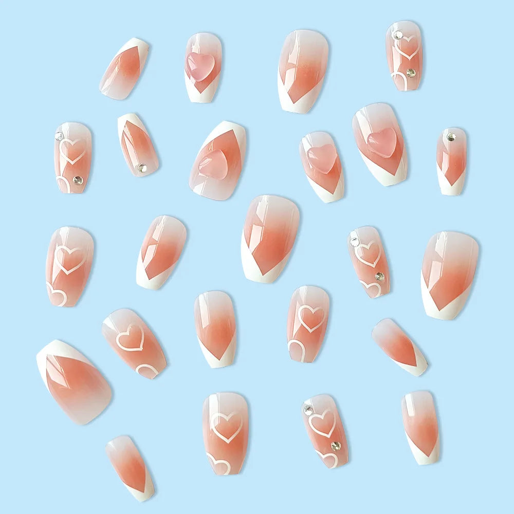 24 Pcs Short Coffin Press On Nails Pink White False Nails with Rhinestone Reusable Fake Nails With Jelly Tab