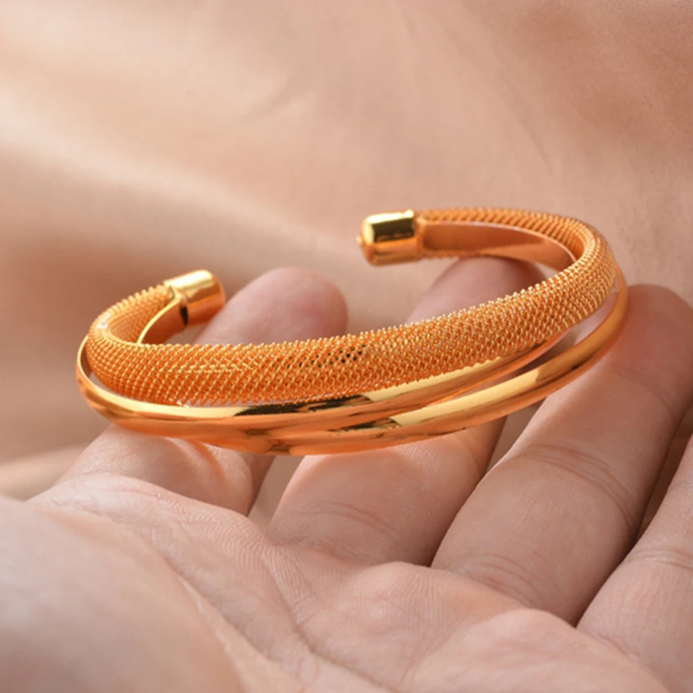 African Gold Color Shiny Bangles for Women Girls Dubai Circle Bracelet Jewelry Ethiopian Bride Wedding