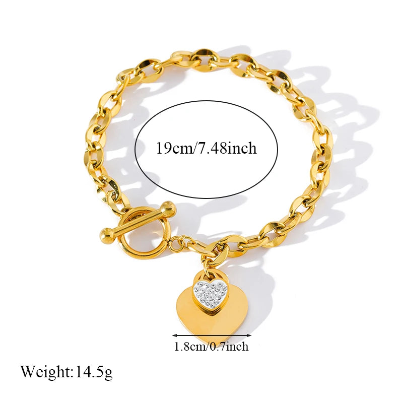 EILIECK New Fashion Stainless Steel Metal Double Heart Necklace Bracelet For Women Fashion Waterproof 3-Color Jewelry Set Gift