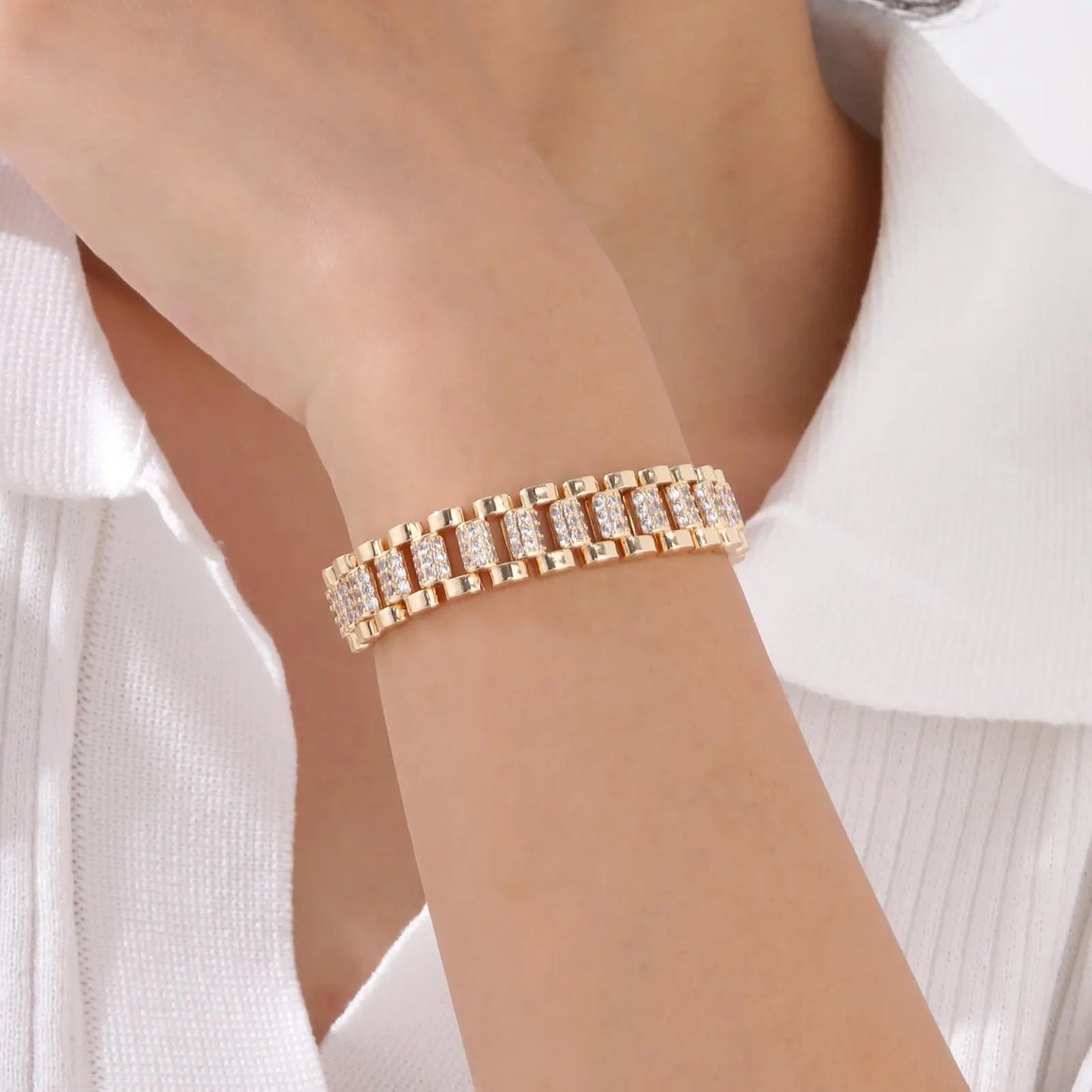 Paperclip Chain Bracelet 14K Gold Plated Cubic Zirconia Watch Strap Chunky Link Adjustable Stackable Jewelry For Women Girl Gift