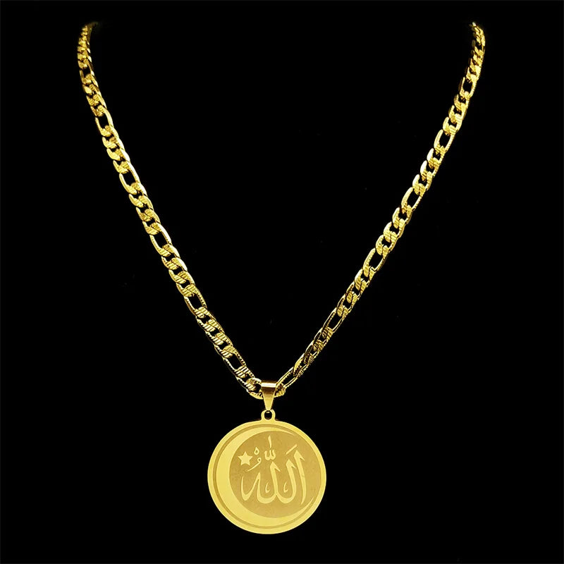 Muslim Islamic Quran Allah Crescent Moon Star Pendant Necklaces Stainless Steel Religious Amulet Ramadan Festival Jewelry