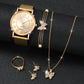 3/6PCS Fashion Heart Women's Watch Plastic Band Analog Golden Quartz Watches Butterfly Jewelry Set(Without Box)