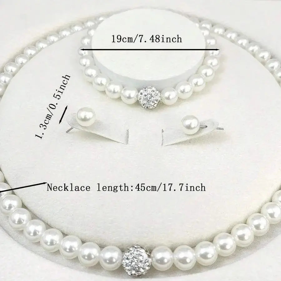 3 PCS set Imitation Pearl Fireball Necklace Bracelet Earring Stud Jewelry Set Silver Color Crystal Stone Elegant Bridal Jewelry