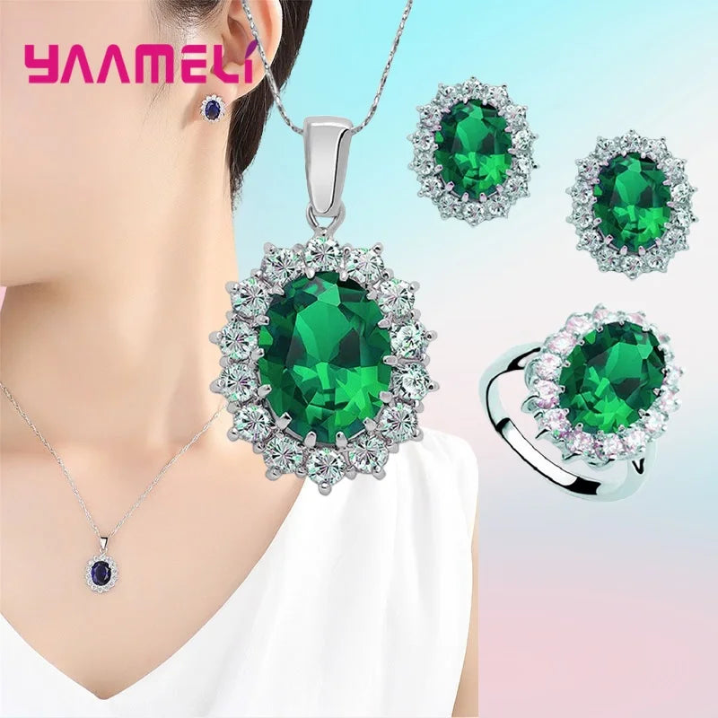 Authentic 925 Sterling Silver Plated Women Wedding Engagement Jewelry Sets Princess Oval Zircon Crystal Necklace Earrings Ring