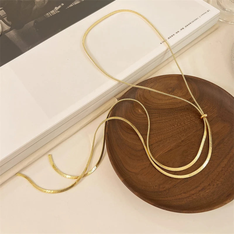 316L Stainless Steel New Fashion Fine Jewelry 134cm Pull Adjusting Charm Flat Snake Chain Choker Necklaces Pendants For Women