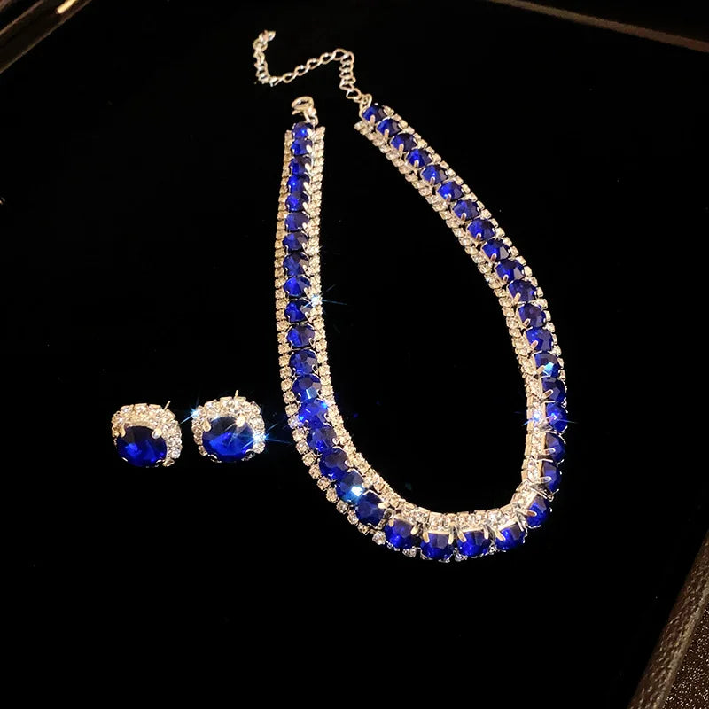 Luxury Green Rhinestone Necklace Stud Earrings For Women Crystal Choker Necklaces Ladies Fashion Weddings Banquet Jewelry Set