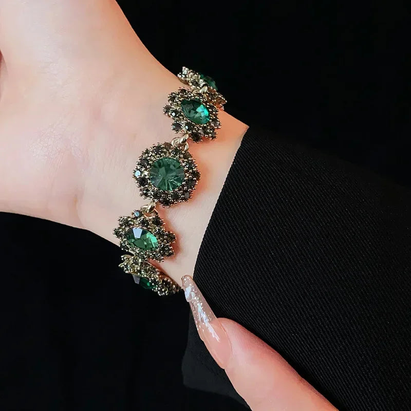 1/4 Pcs French Retro Rhinestones Choker Necklaces for Women Luxury Green Flower Ear Studs Elegant Snape Bracelet Jewelry Sets M