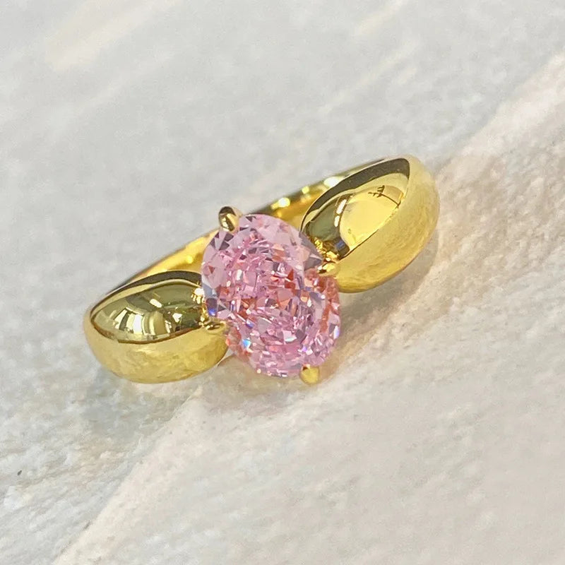 Pink Cubic Zirconia Ring Suitable for Women's Engagement Wedding Luxury Accessories Sparkling Silver Fashion Jewelry