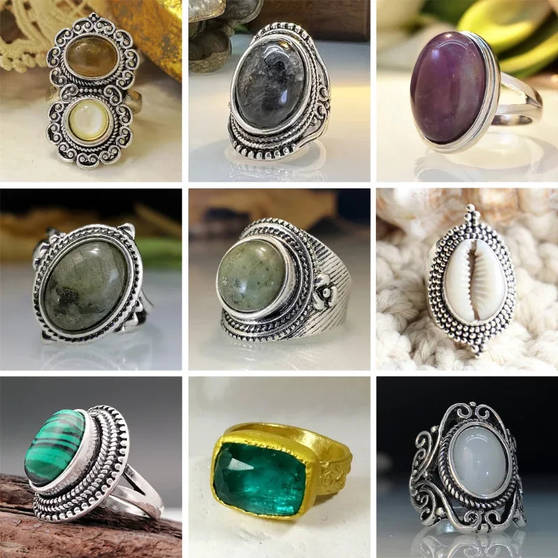 Vintage Victorian Women's Ring Faux Turquoise Creative Carved Finger Ring Shiny Crystal Natural Stone Jewelry Accessories