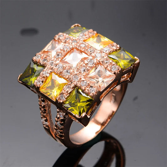 Luxury Female Multicolor Zircon Large Square Rings For Women Rose Gold Color Yellow Olive Green Stone Big Cocktail Ring Jewelry