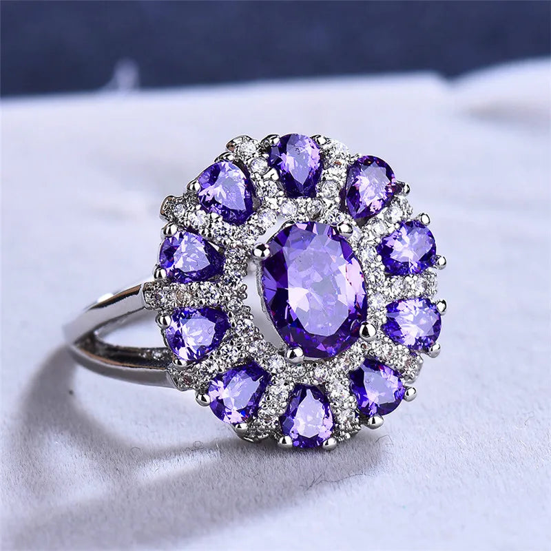 Charm Female Oval Purple Zircon Stone Engagement Big Flower Cocktail Ring Silver Color Wedding Jewelry For Women
