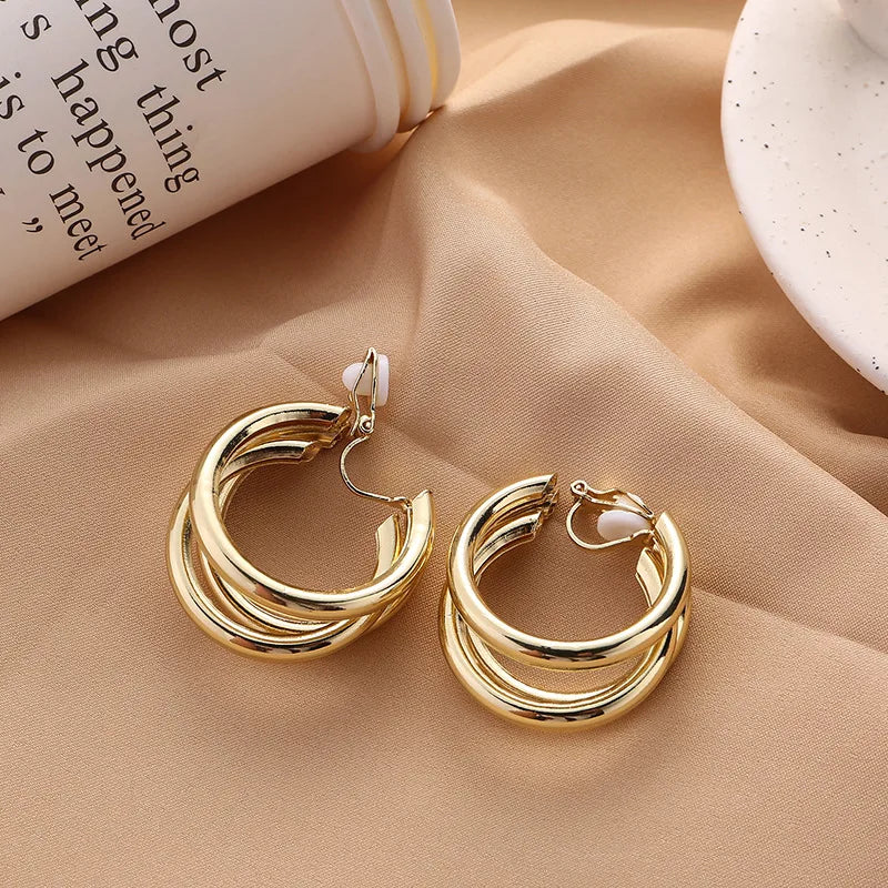 Golden Fashion Metallic Woven Stylish Clip on Earrings Temperament Irregular Geometric Ear Cuff Clips Non Pierced Ears Jewelry