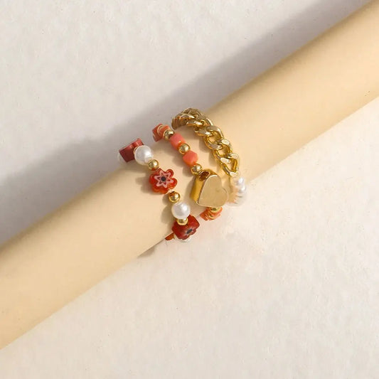 Trendy Cute Bohemia Pearl Flower Acrylic Beaded Rings Party Jewelry Finger Ring Set Women Ring