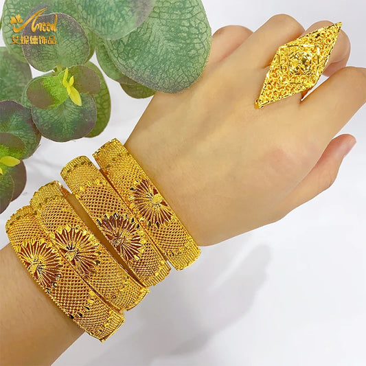ANIID Fashion Dubai Bridal 24k Gold Color Round Bracelets Bangles  Ethiopian Luxury Hand Jewelry for Indian Wedding Party Gifts