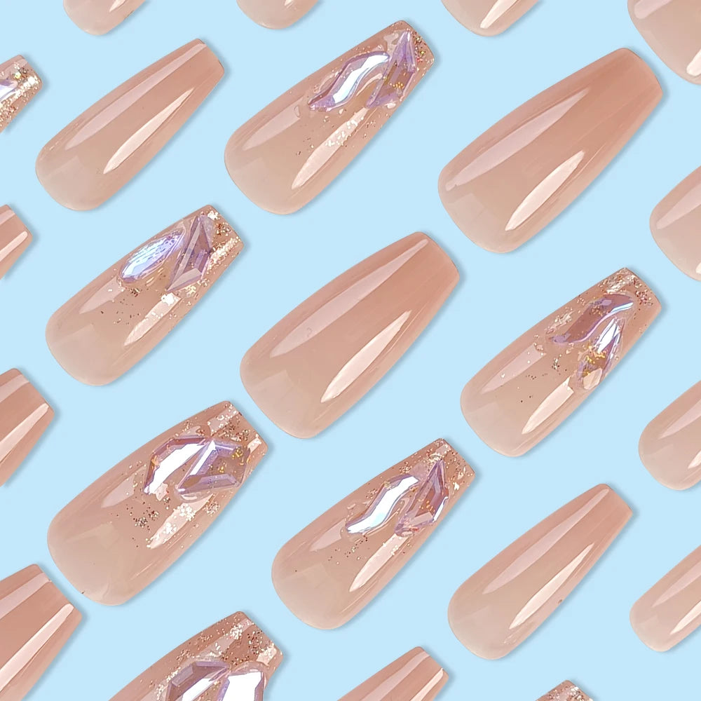 24 Pcs Short Coffin Press On Nails Pink White False Nails with Rhinestone Reusable Fake Nails With Jelly Tab