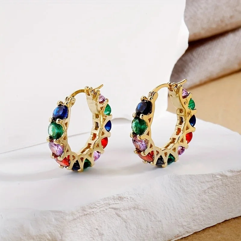 New Rainbow Rectangular Cubic Zirconia Hoop Earrings for Women Bling Luxury Wedding Accessories Party Fashion Jewelry