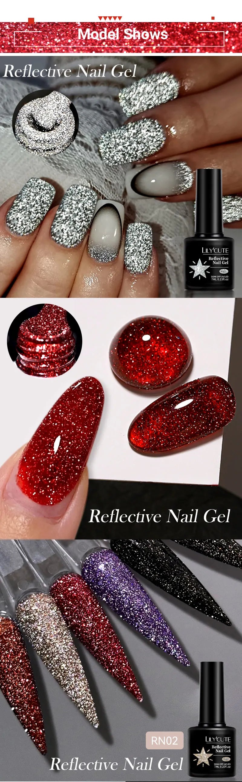 LILYCUTE 7ML Bright Red Sparkling Gel Nail Polish Silver Reflective Gel Colorful Shinning Glitter Manicure Nail Art Gel Varnish