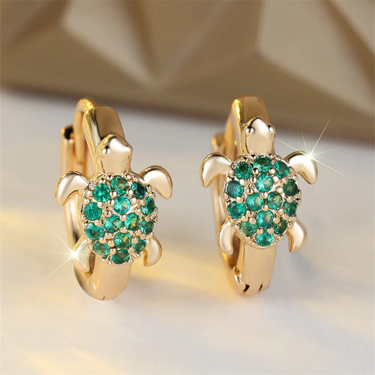 Green Zircon Stone Cute Sea Turtle Hoop Earrings For Women Vintage Gold Color Small Ear Buckle Wedding Jewelry Mother's Day Gift