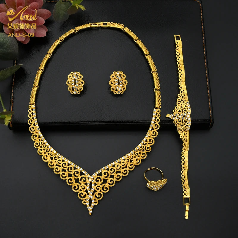 ANIID Dubai Jewelry Sets Gold Color 24k Luxury Big African Nigerian Necklace Bracelets Earring Ring For Wedding Jewelri Party