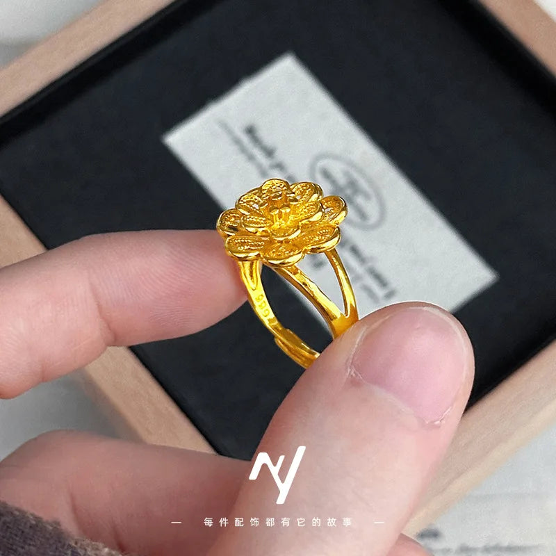 Luxury 24K 9999 Pure Gold real gold Open Multi-Layer Large Flower Ring Wedding Bridal Ring Adjustable