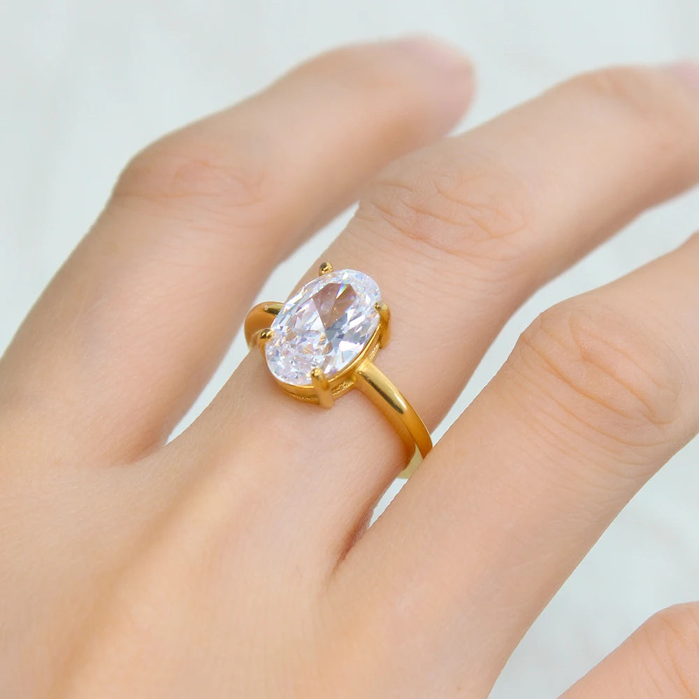 Exquisite Oval AAA Cubic Zirconia Inlaid Stainless Steel Ring Women's Transparent Gem Stone Index Finger Rust Proof Accessories