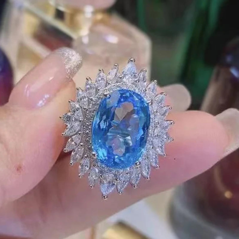 2025 New Fashion Sea Blue Cubic Zirconia Women's Wedding Ring Luxury Engagement Party Elegant   Brilliant Jewelry