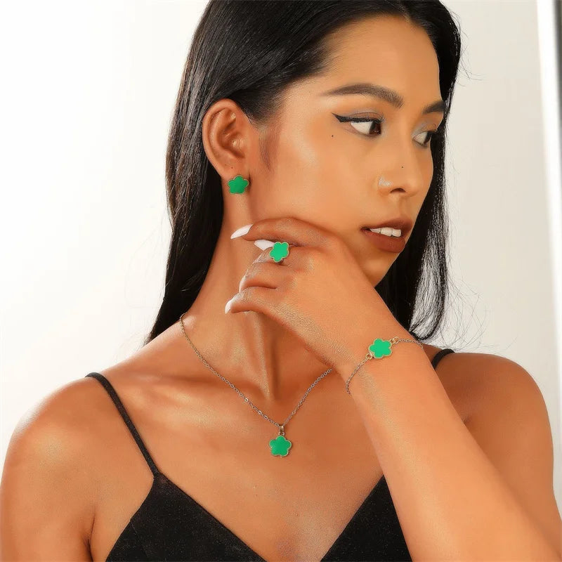 New Romantic 5 Flower Petal Pendant Necklace Set for Women Girls Stud Earring Bracelet Ring Combination Jewelry Party Gifts