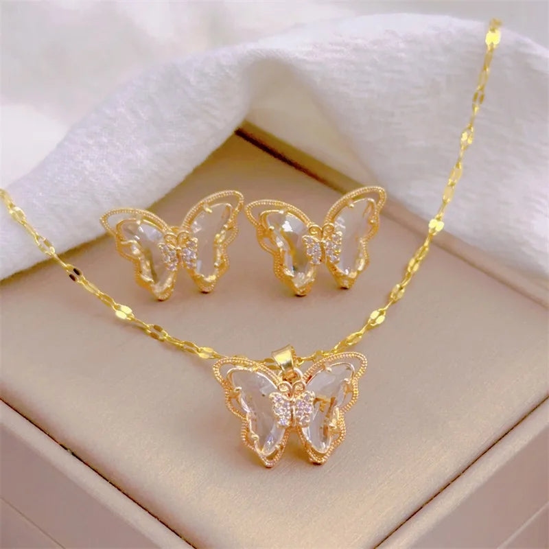 Fashion European and American Cute Micro-inlaid Butterfly Necklace Earrings Set Classic Light Luxury Transparent Stainless Steel