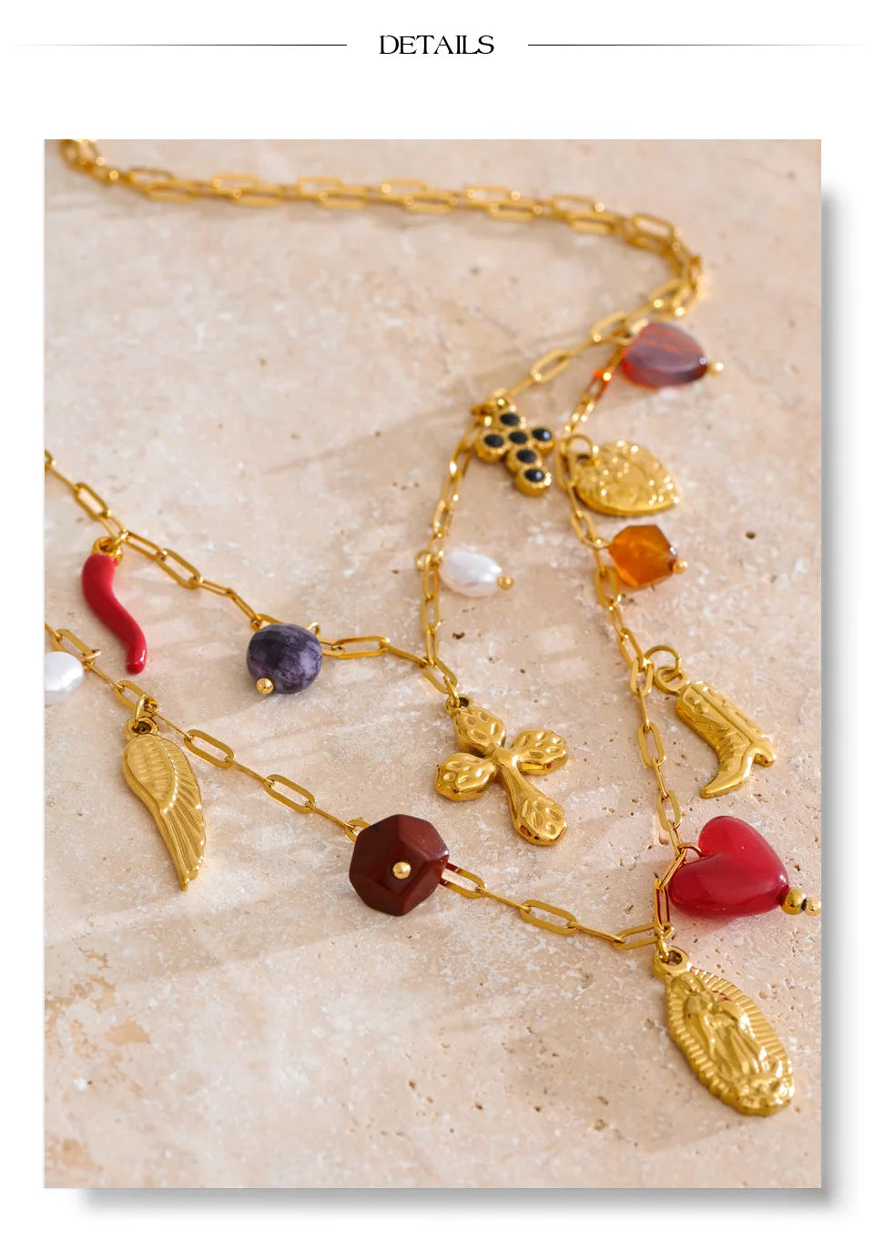 Yhpup Double-Layer Chain Heart Cross Religious Drop Stacking Charm Pendant Necklace 18K Golden Stainless Steel Statement Jewelry