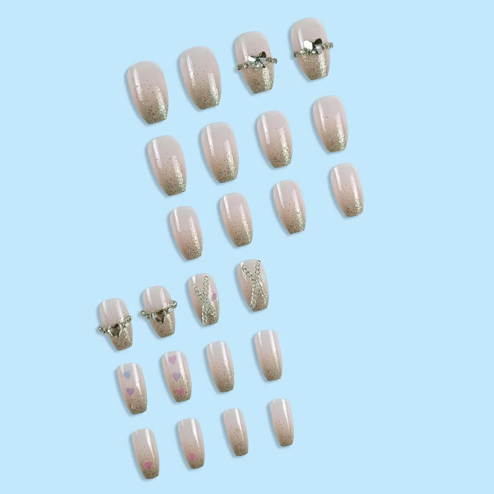 24 Pcs Short Coffin Press On Nails Pink White False Nails with Rhinestone Reusable Fake Nails With Jelly Tab