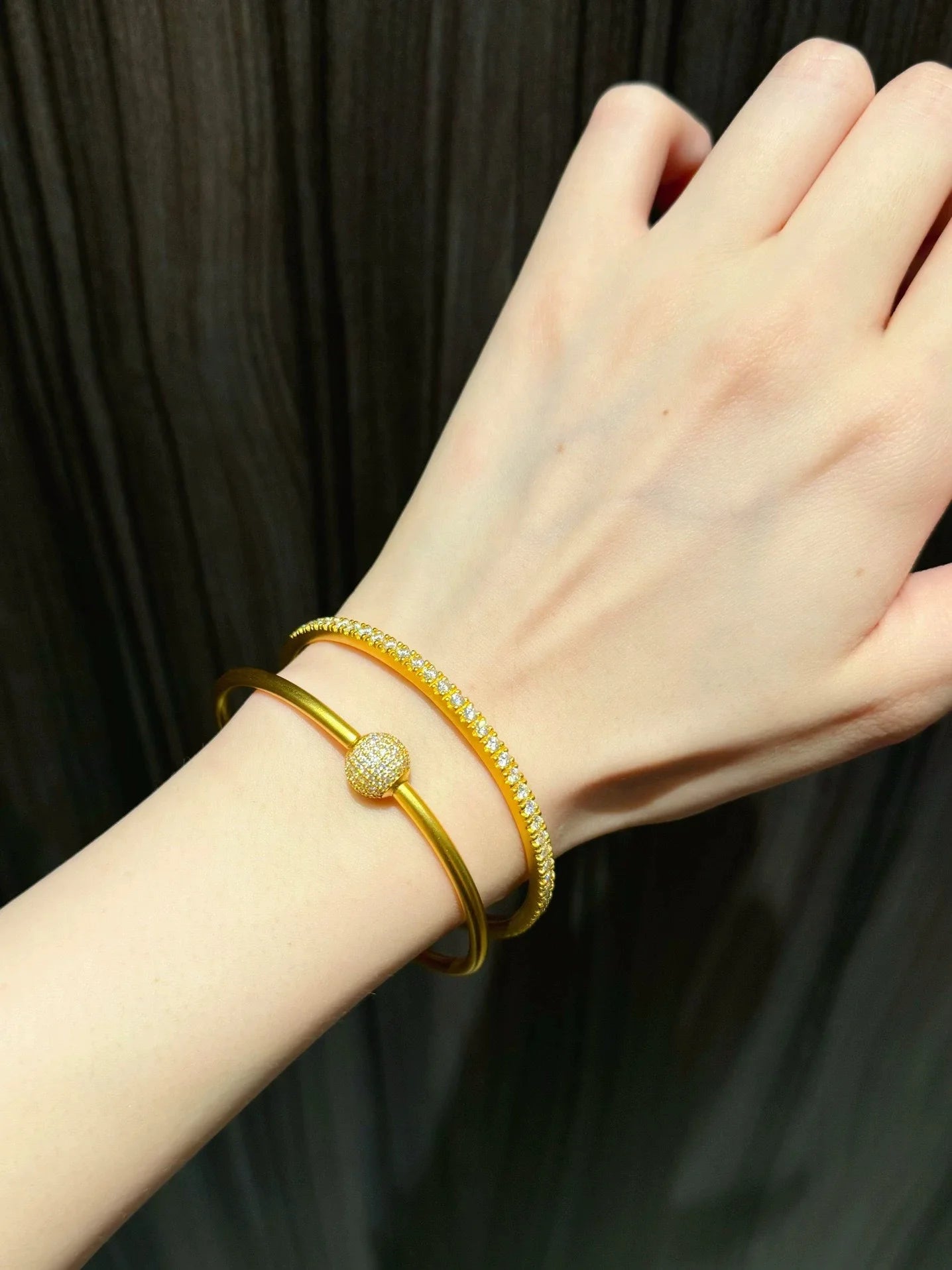 Light luxury fashion 24K real gold half-circle diamond snap bracelet au9999 gold stacked women's jewelry