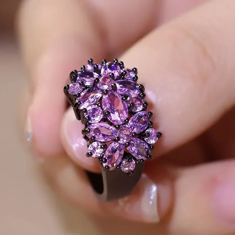 2025 New Purple Cubic Zirconia Ring with Sparkling Square Crystal, High End Women's Personalized Fashion Cocktail Party Jewelry