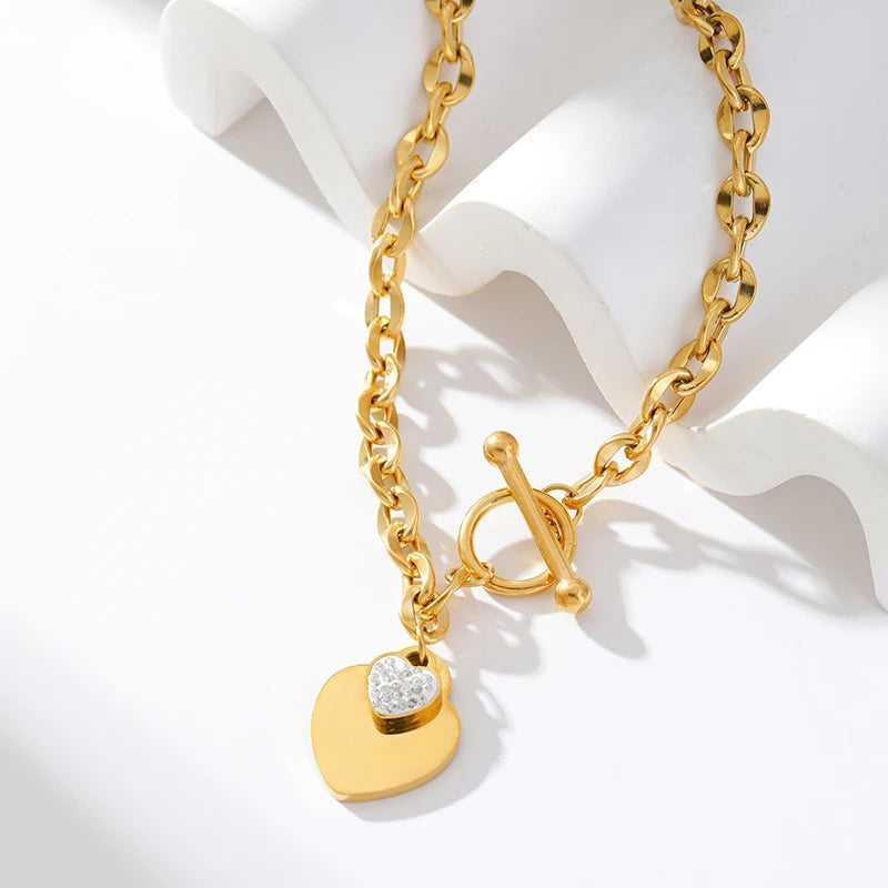 EILIECK New Fashion Stainless Steel Metal Double Heart Necklace Bracelet For Women Fashion Waterproof 3-Color Jewelry Set Gift