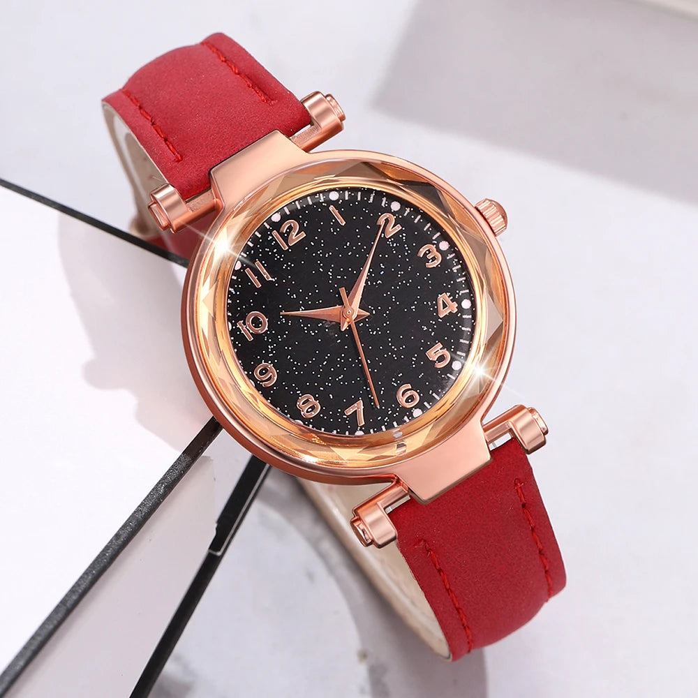 6PCS/Set Red Women's Watch With Minimalist Elements Dial Quartz Watch Latex Strap Cherry Elements Jewelry Set Girl's Gift