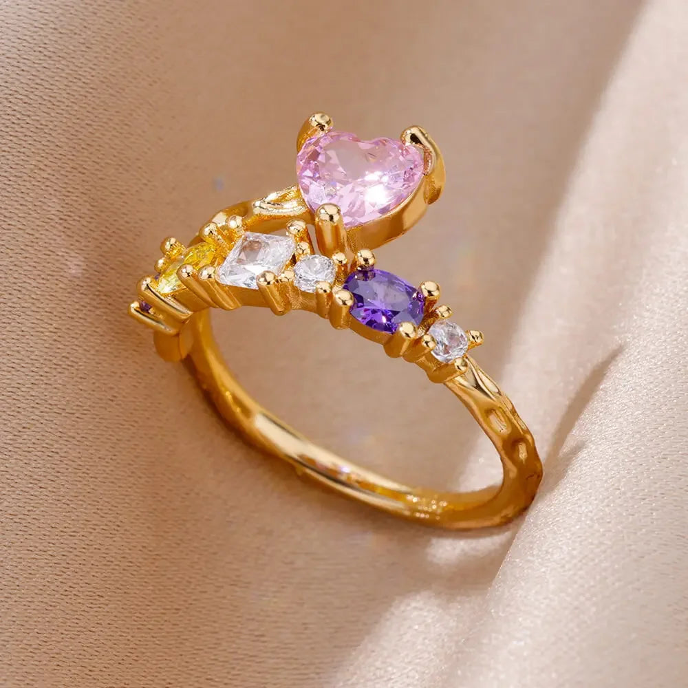 Gold Color Stainless Steel Ring for Women Colorful Cubic Zircon Heart Opening Adjustable Ring Fashion Jewelry Wedding Gift