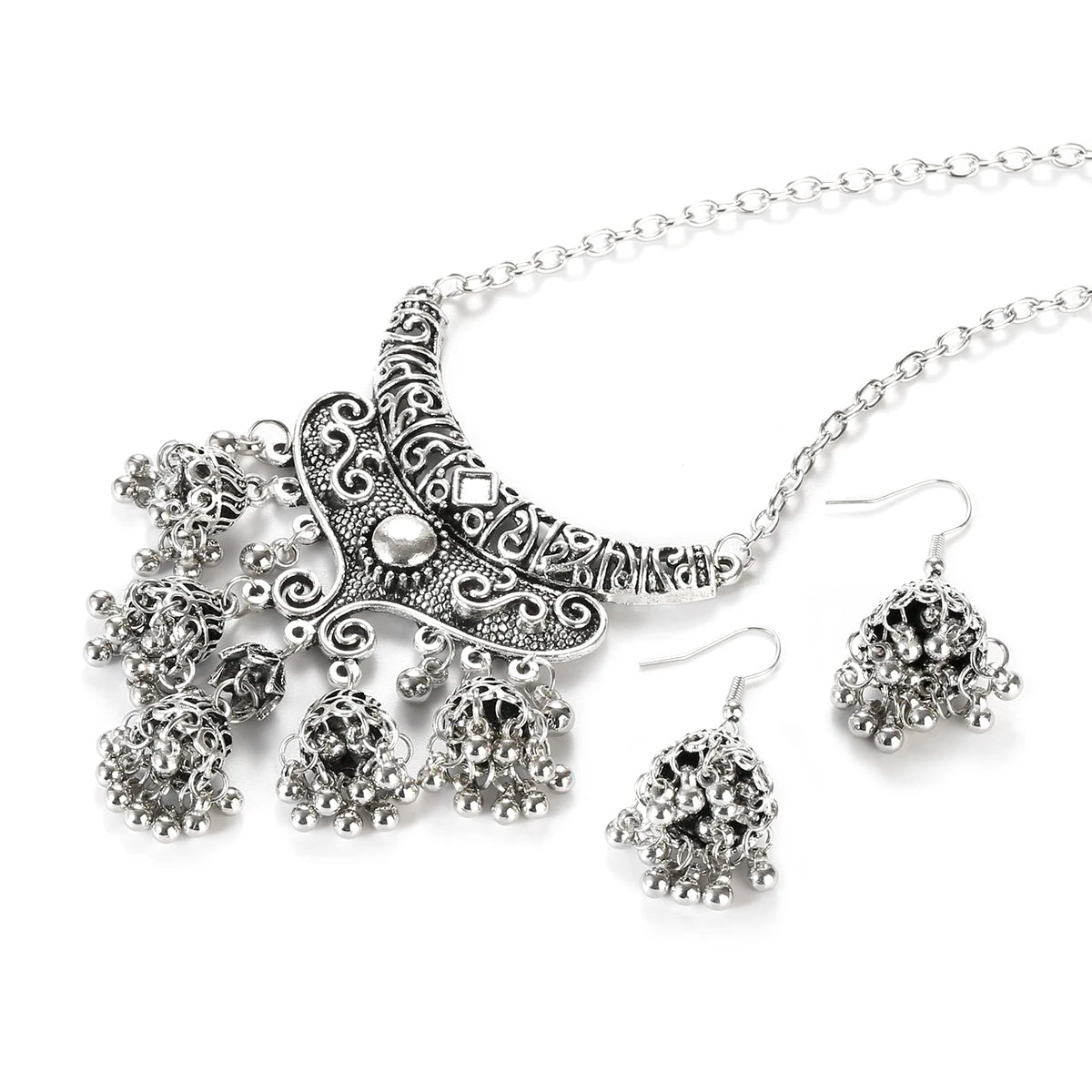 Luxury Retro Indian Jewelry Set Earring/Necklace Bijoux Wedding Jewelry Hangers Ethnic Carved Jhumka Earrings