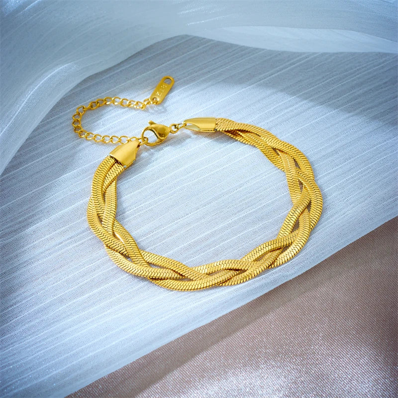 DIEYURO 316L Stainless Steel 3in1 Crossover Snake Chain Necklace Bracelets For Women Girl New Fashion Waterproof Jewelry Set