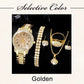 Golden Watch Women Ring Necklace Earrings Rhinestone Fashion Wristwatch Female Casual Ladies Watches Bracelet Set Clock