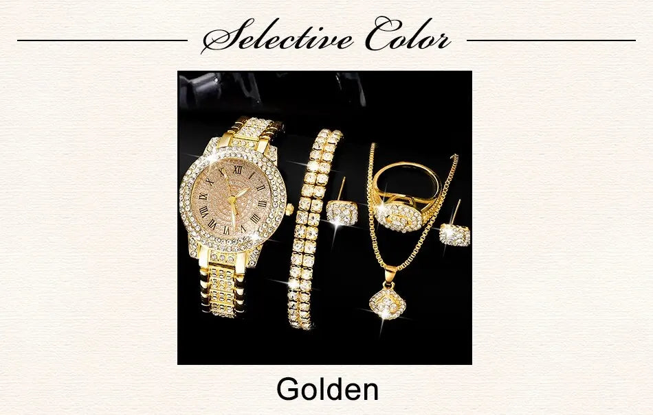 Golden Watch Women Ring Necklace Earrings Rhinestone Fashion Wristwatch Female Casual Ladies Watches Bracelet Set Clock