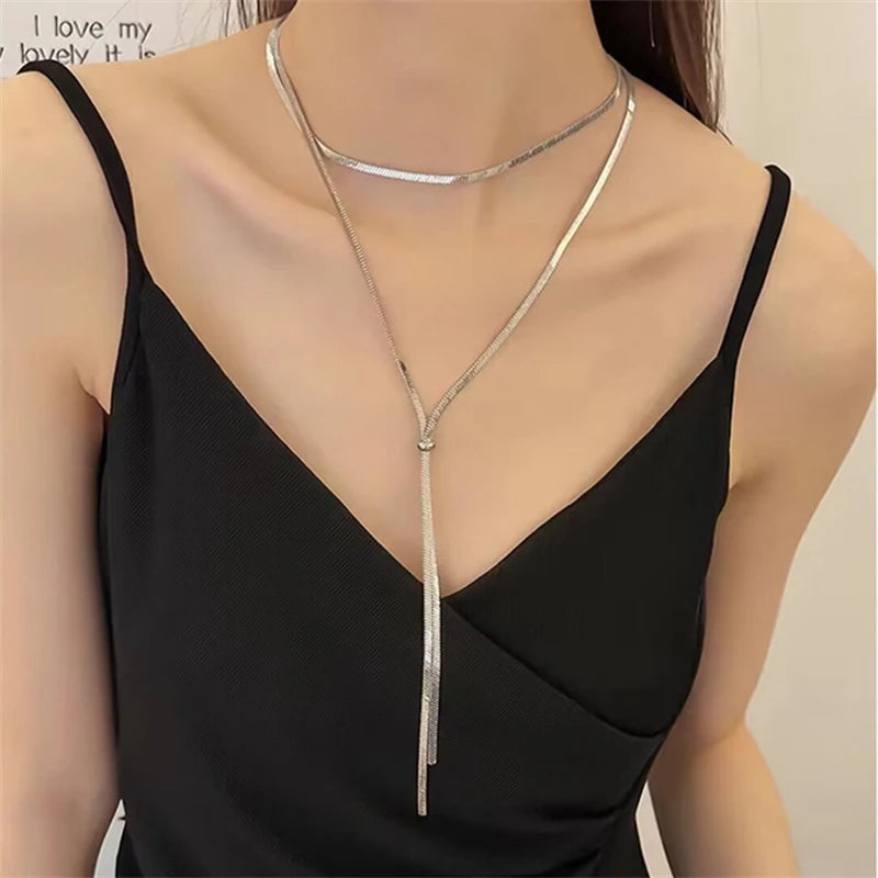 316L Stainless Steel New Fashion Fine Jewelry 134cm Pull Adjusting Charm Flat Snake Chain Choker Necklaces Pendants For Women